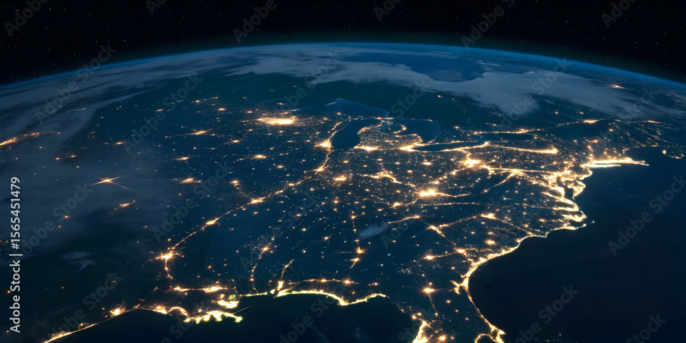 Fototapeta premium Nighttime glowing city clusters on Earth's coastline from space