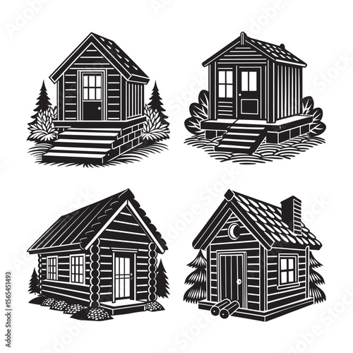 silhouette- finish sauna hut with bucket and ladle bundle on the white background