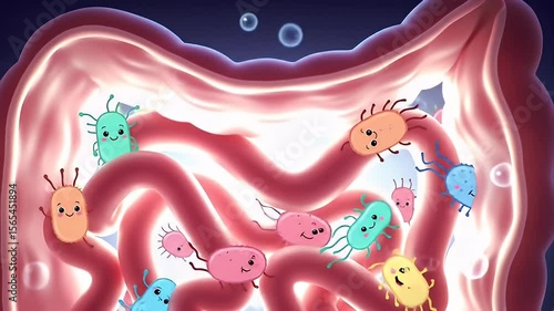 Cartoon illustration of pink intestines with cute colorful bacteria floating inside