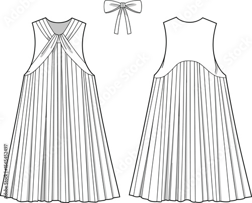 Pleated A-line sleeveless dress flat sketch, high-neck bow detail fashion illustration, front knot drape panel, back yoke panel sewing pattern template