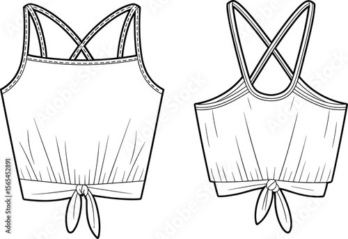 Crisscross tie-front crop top fashion flat, technical sketch, strappy back cami top design, elastic hem tank, summer wear sewing pattern template