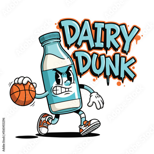 Cartoon Retro Milk Bottle Playing Basketball Sport Illustration
