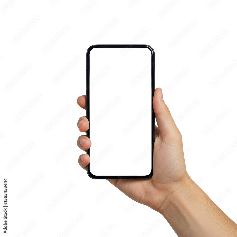 Adult human hand with realistic skin holding a sleek black smartphone vertically, blank white screen, against a seamless transparent background with abundant copy space, soft studio lighting,