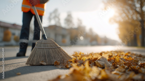 Wallpaper Mural Street cleaner gathers fallen leaves in reflective gear on urban pavement during autumn with lens flare Torontodigital.ca
