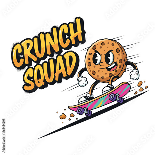 Retro Cartoon Cookie Character Riding Skateboard Illustration for Team Mascot
