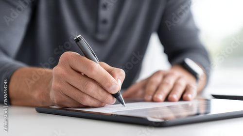 Procurement officer completes electronic purchase order using digital software in a modern office setting