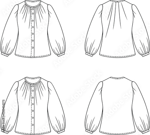 Long sleeve blouse technical flat, fashion shirt front and back view, pleated design, button-down top, sewing pattern, garment sketch for apparel design