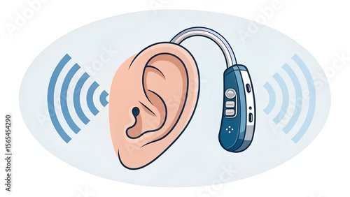 Hearing Aid Technology:  A detailed illustration showcases a modern hearing aid device gently nestled behind an ear, amplifying sound waves for improved auditory clarity.