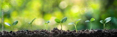 A close-up view of young seedlings emerging from rich soil, showcasing the growth process. The blurred green background adds a natural, serene atmosphere, symbolizing new life.