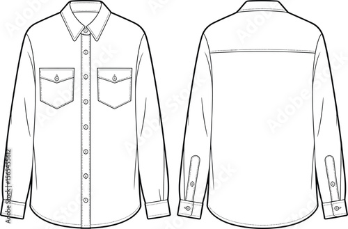 Women’s long sleeve button-up shirt fashion flat with front pockets – vector CAD sketch
