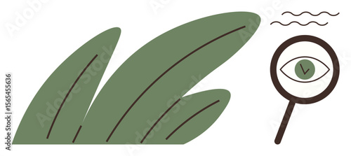 Magnifying glass enlarging an eye near green leaves and wavy lines. Ideal for environmental awareness, research, sustainability, observation, focus, analysis, eco-friendly practices, simple flat