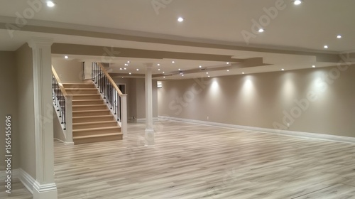 Finished basement interior, spacious and well-lit