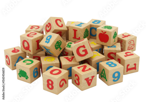 Wallpaper Mural Scattered traditional wooden alphabet and number blocks, deeply carved vibrant primary letters/illustrations, light wood, bright white background, copy space. Concept of playful early childhood Torontodigital.ca
