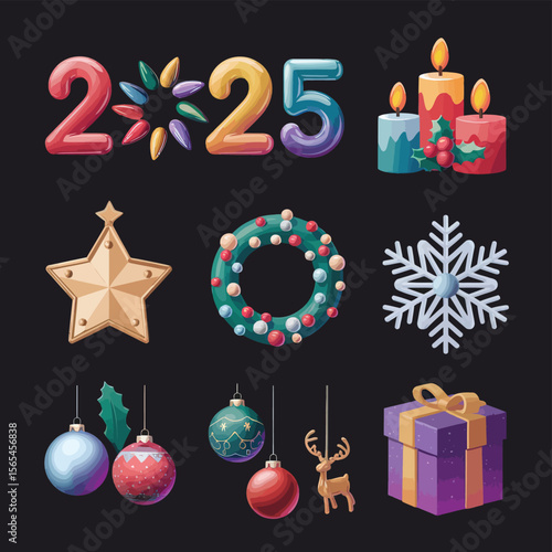 vector Happy New Year Celebrating 2025 in Latin letters , Christmas Decoration Items Santa Claus