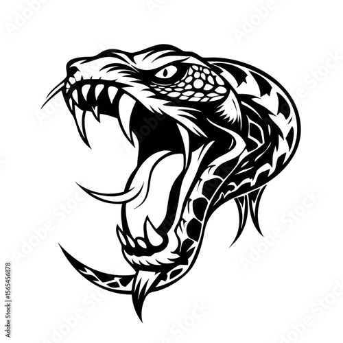 Aggressive Snake Head Illustration – Black and White Viper Tattoo Design with Fangs and Open Mouth, Serpent Logo Vector for Mascots, Prints, and Art