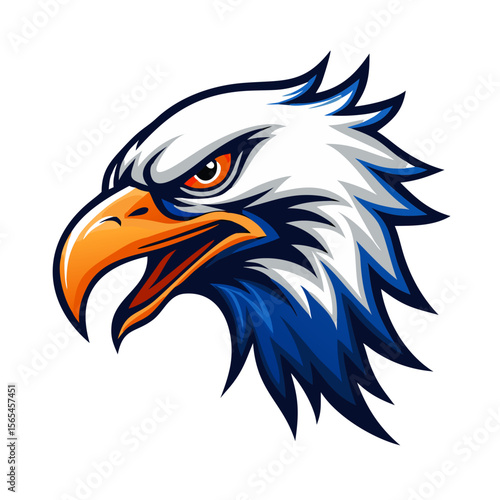 Bold Bald Eagle Head Vector – Fierce American Bird Mascot with Orange Beak and Blue Feathers, Perfect for Logos, Sports Teams, and Patriotic Graphic Designs

