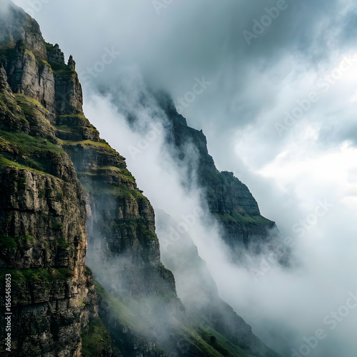 High elevation cliffside fog with dramatic terrain
