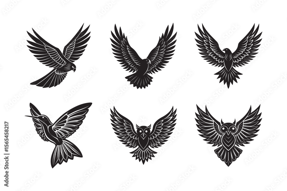 Fototapeta premium silhouette pigeon ,eagles, others birds bundle wing shape on the white background 