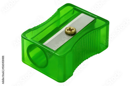 Green plastic pencil sharpener with single blade, resting on transparent surface, showcasing minimalist design and sharp functionality