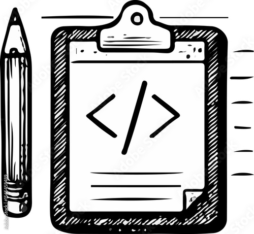 Clipboard with code snippet icon symbolizing programming, tech, and software documentation