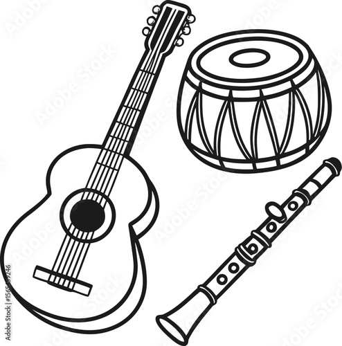 Collection of musical instruments including a guitar tabla drum and flute on a white background