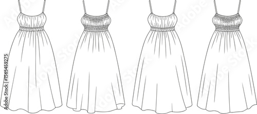 Women's midi sundresses – flat fashion sketches featuring spaghetti straps, shirred bodice, empire waist, and flared A-line skirt.