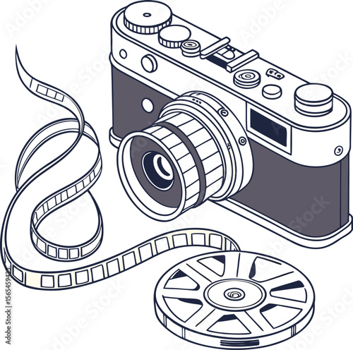 Vintage film camera with a spool of black and white photographic film and a reel