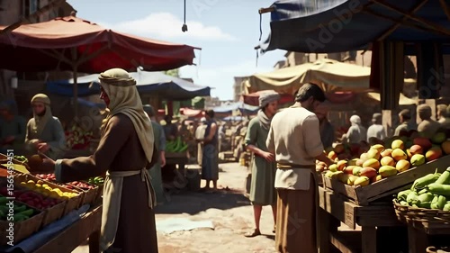 A bustling marketplace scene with people buying fruits and vegetables under awnings