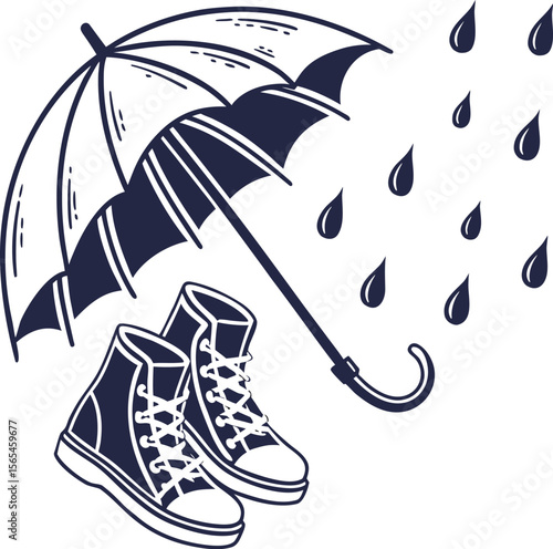 Illustration of a classic umbrella protecting a pair of high top sneakers from falling raindrops