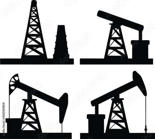 Silhouette of Oil Drilling Rigs with Industrial Pumps and Structures