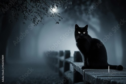A sleek black cat with piercing eyes sits quietly on a wooden railing under the soft glow of a misty moonlit night