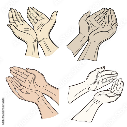 Four sets of hands, each in a cupped or open prayer-like gesture. The hands are drawn in a cartoon or illustrative style, with varying skin tones (light beige, light brown, and outlines without fill).