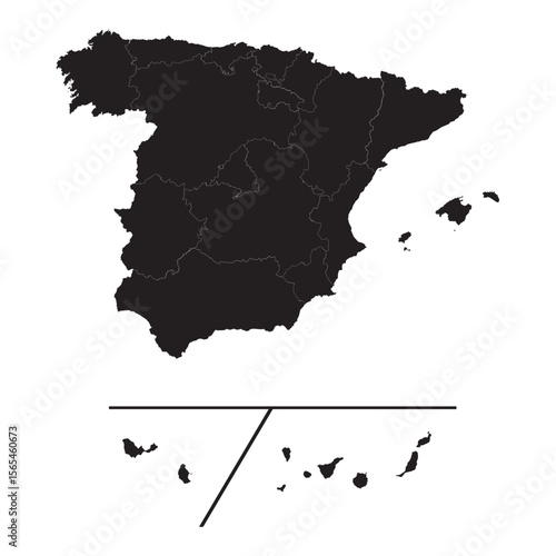 custom vector map silhouette of spain with unique internal borders, black outline on white background

