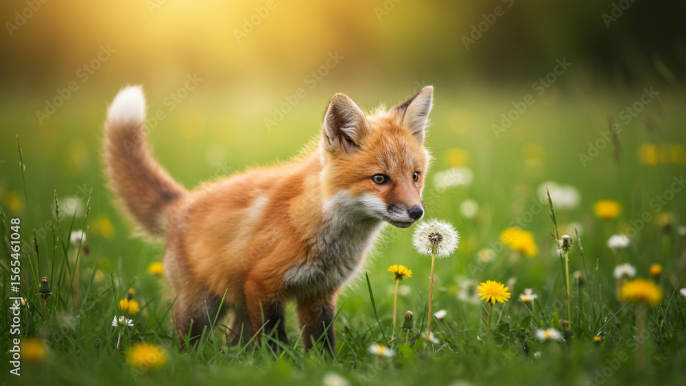 Obraz premium Playful fox kit with bushy tail, orange and white, cute design