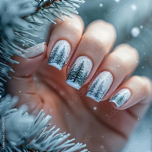 Winter forest nails with white pine and glitter