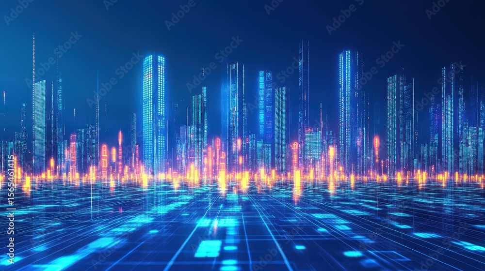 Futuristic city skyline with glowing digital architecture. Futuristic city skyline with glowing digital architecture.