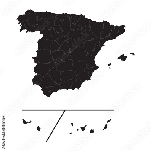 vector map silhouette of spain with provincial borders, black isolated administrative outline on white background

