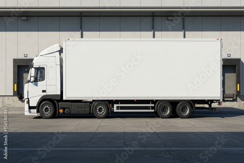 Photorealistic city street scene with a delivery truck featuring a blank white trailer, perfect for vehicle branding mockups. Urban background with buildings and light traffic in daylight.
