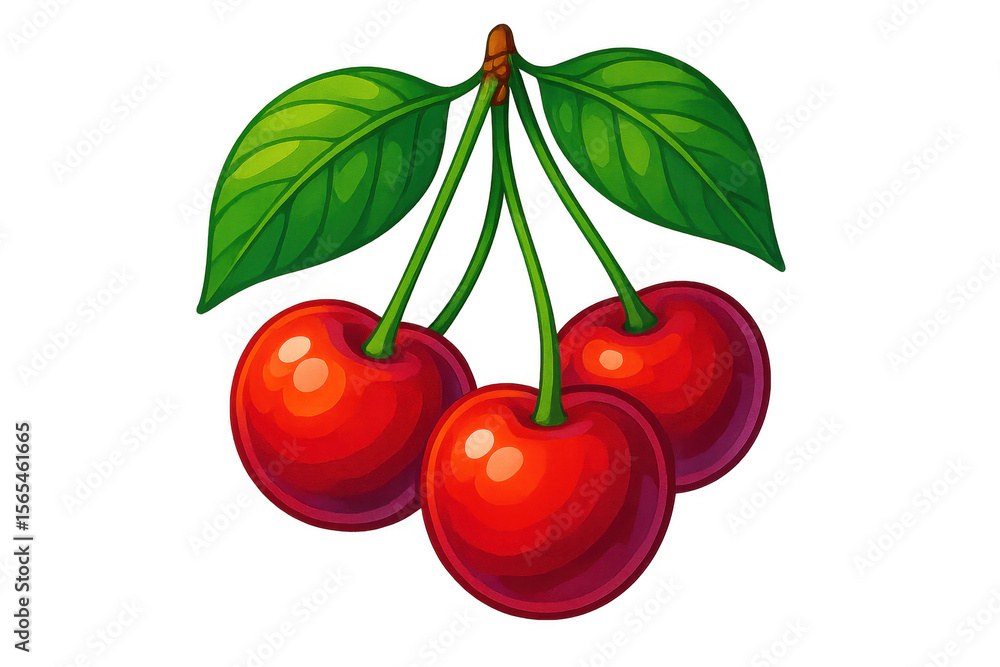 Obraz premium Vibrant red cherries dangling from verdant stem, gleaming against transparent backdrop, ideal for culinary graphic design and menu illustrations