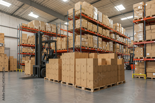 Neatly stacked blank cardboard boxes in a warehouse environment with industrial racks, forklifts, and concrete floor, perfect for logistics and packaging mockups.