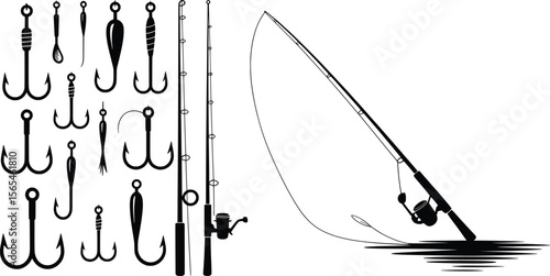 Fishing Hooks and Rods Silhouette Collection for Angler Gear Design.
