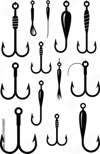 Fishing Hook and Rod Silhouette Set for Angling and Tackle Design.