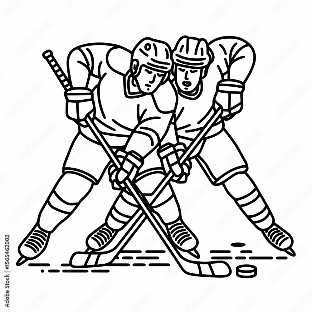 Fototapeta premium A black-and-white sketch of two hockey players in action, facing each other, with sticks clashing over a puck. The players are in full gear, showcasing intensity and competition.
