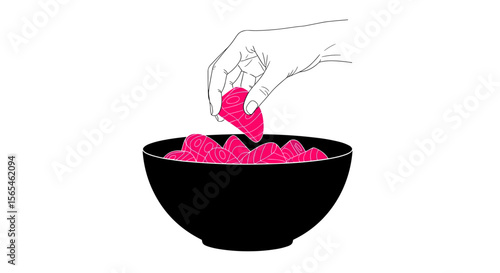 Hand placing pieces of tuna into a black bowl on white background, seafood preparation concept