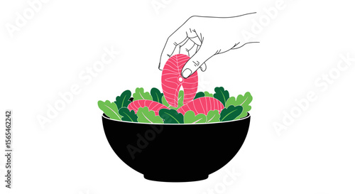 Hand placing salmon pieces into a bowl of leafy greens on white background, healthy salad concept