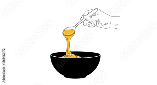 Hand drizzling honey from a spoon into a black bowl on white background, healthy natural sweetener concept