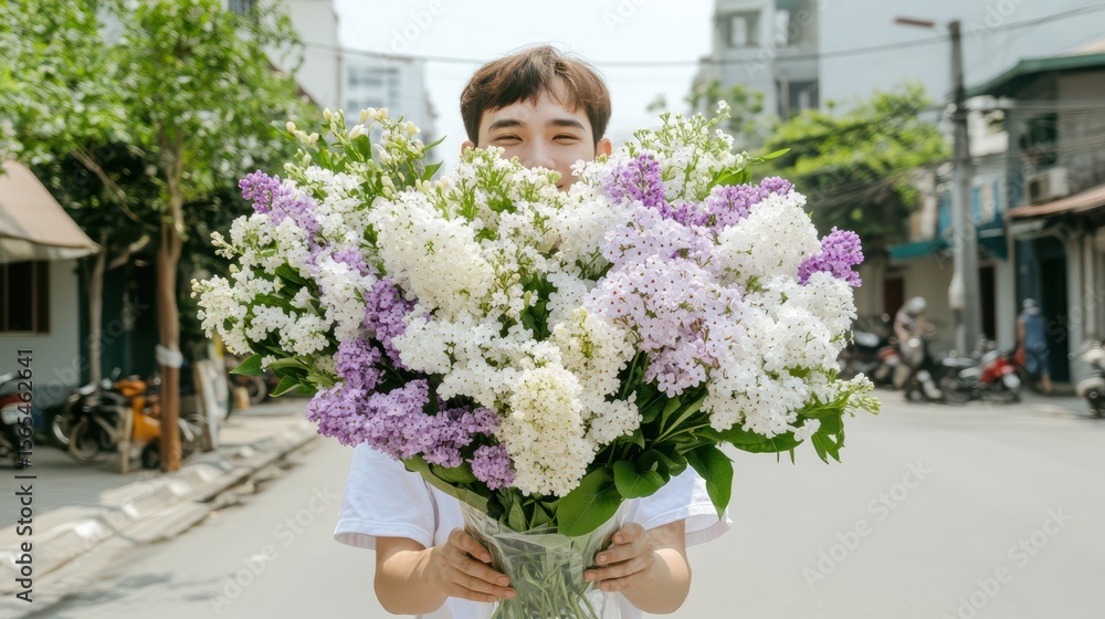 Fototapeta premium Man with Large Bouquet of Flowers: A young man happily holds a large, vibrant bouquet of purple and white lilac and other flowers, partially obscuring his face in a cheerful.