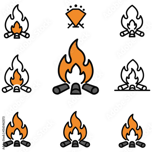 A beautiful and cohesive set of bonfire icons, with options for both filled color designs and minimalist line art