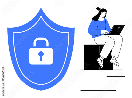 Blue shield with lock symbolizing security, next to a woman typing on laptop. Ideal for cybersecurity, data safety, technology, online privacy, digital protection, IT security, secure communication