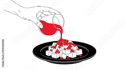 Hand pouring pomegranate juice over a plate of diced tofu topped with pomegranate seeds, healthy dish concept
